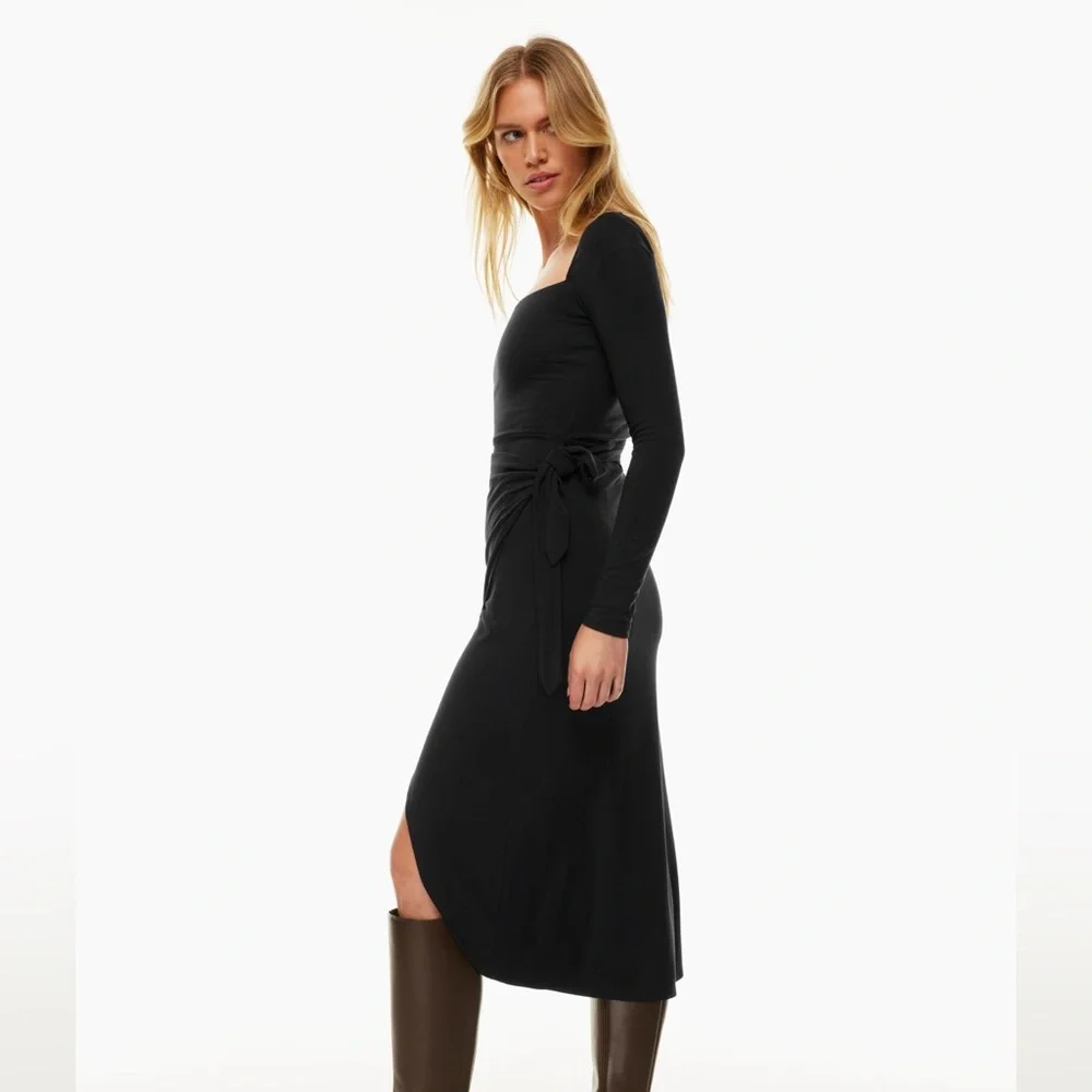 Aritzia Wilfred Saturn Longsleeve Midi Black Dress Size Large Wrap Tie High Low - Picture 3 of 6